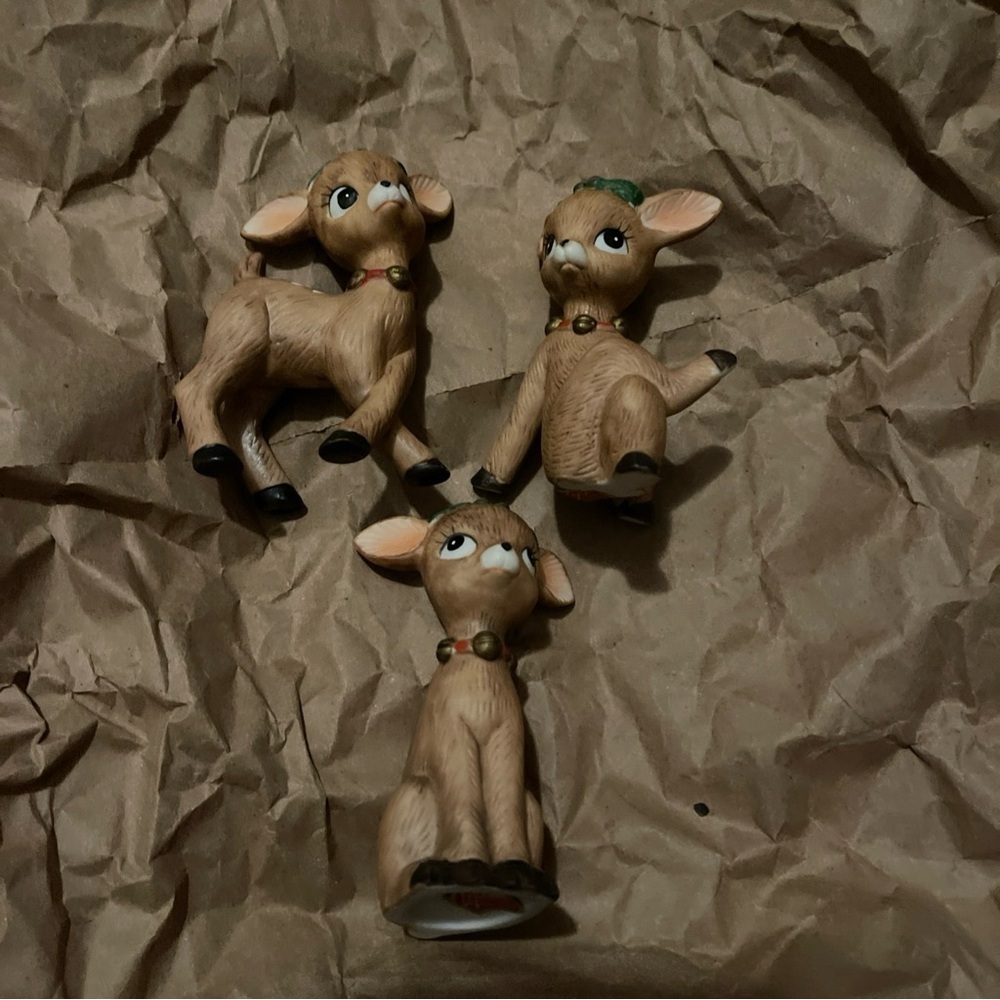 Lot Of 3 Vintage Lefton Christmas Ceramic Reindeer Figurines KITSCHY Holly Deer